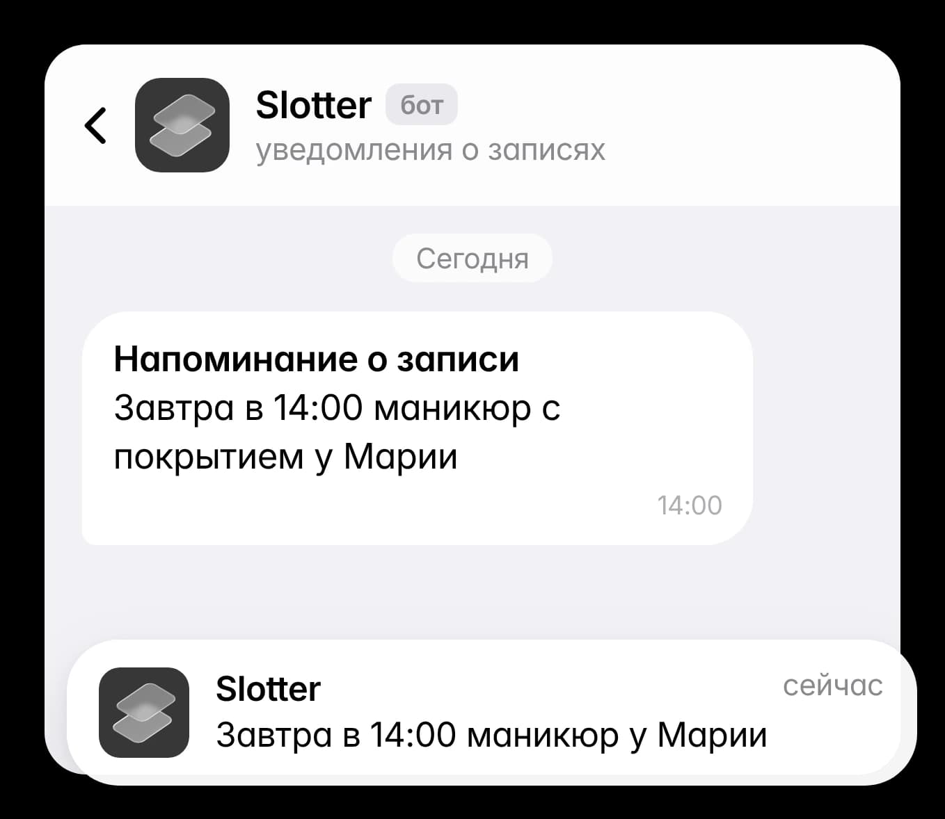 Напоминание о записи в чате с ботом Slotter и push-уведомление