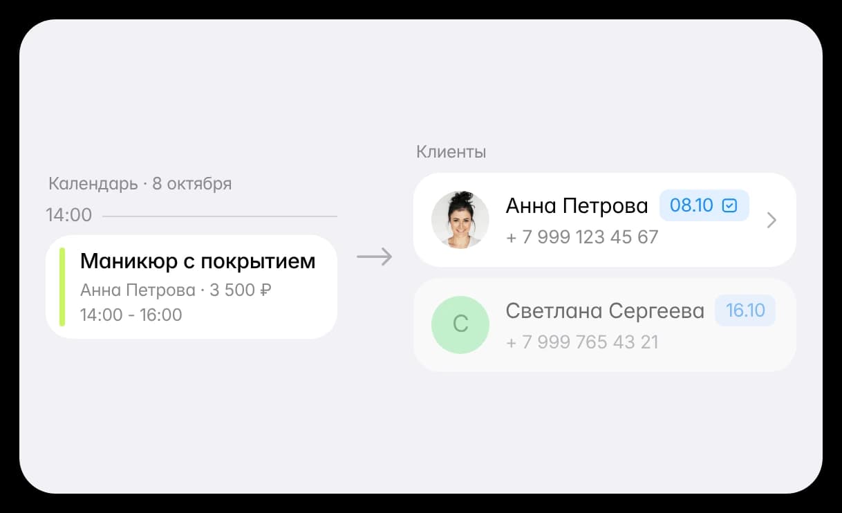 Запись в календаре и клиент в клиентской базе